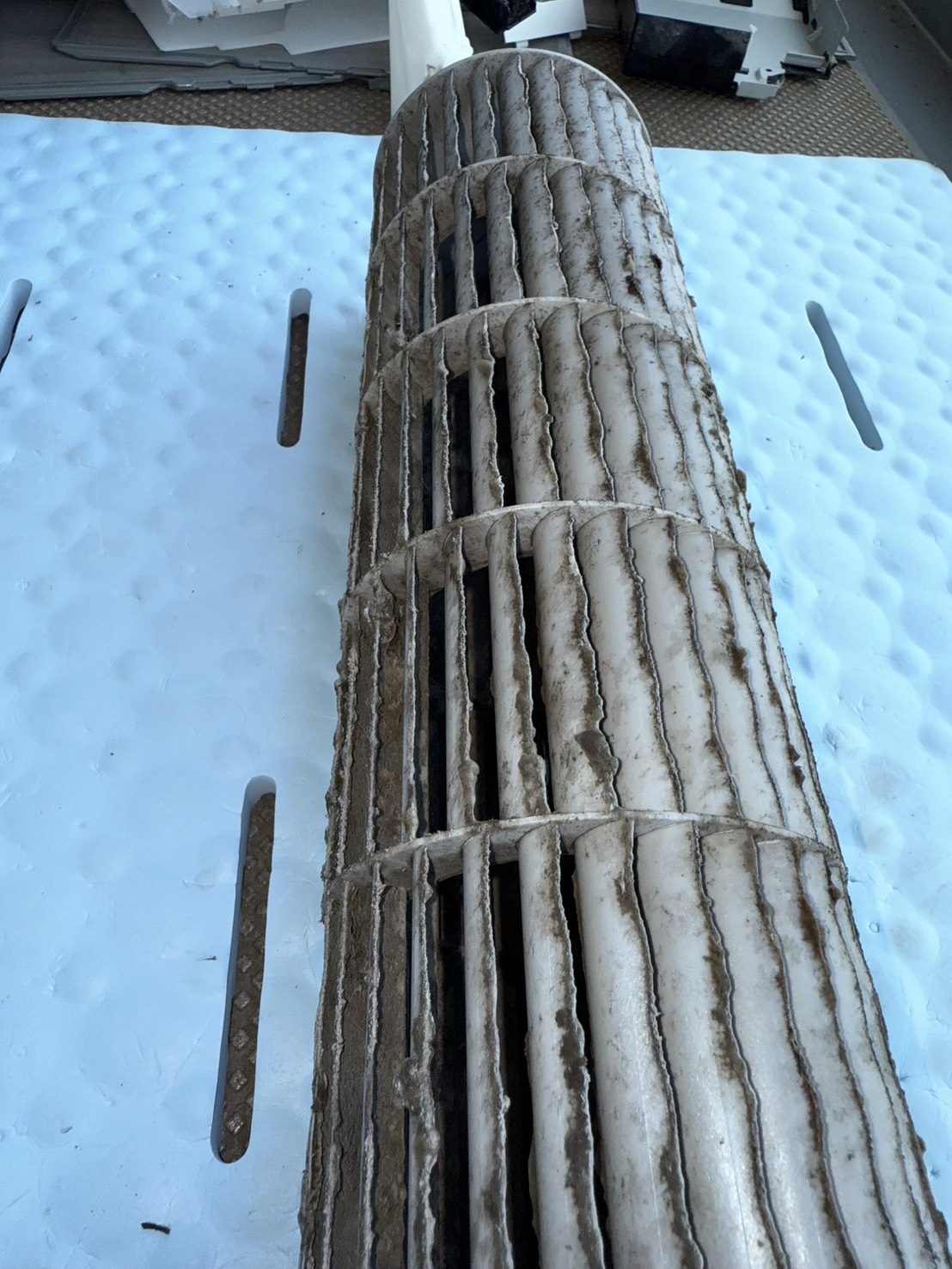 ドレンパンの施工前。カビやホコリが溜まった状態